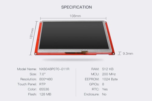 Wyświetlacz Nextion Intelligent 7" 800x480 NX8048P070-011R rezystancyjny panel dotykowy