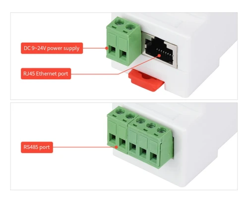 Przemysłowy serwer szeregowy, RS485/RJ45 Ethernet, TCP/IP do montażu na szynie.