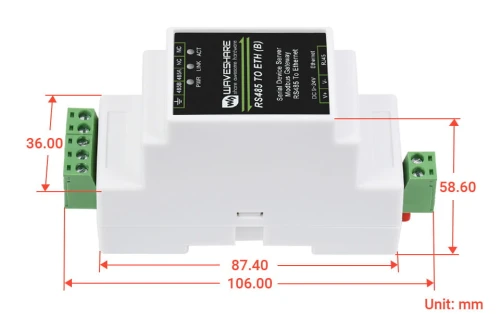 Przemysłowy serwer szeregowy, RS485/RJ45 Ethernet, TCP/IP do montażu na szynie.