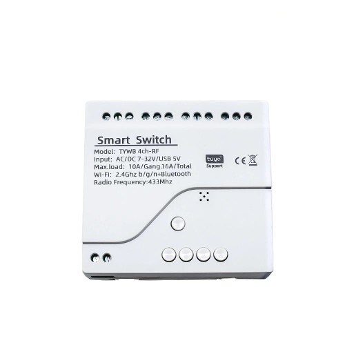Przekaźnik Beznapięciowy 4-kanałowy WiFi + RF433 Tuya Zasilanie 5–32 V AC/DC lub 5 V microUSB