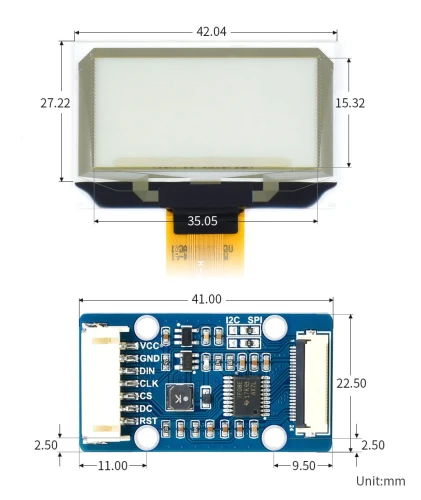 Przezroczysty wyświetlacz OLED 1,51", rozdzielczość 128 × 64, niebieski, interfejsy SPI/I2C