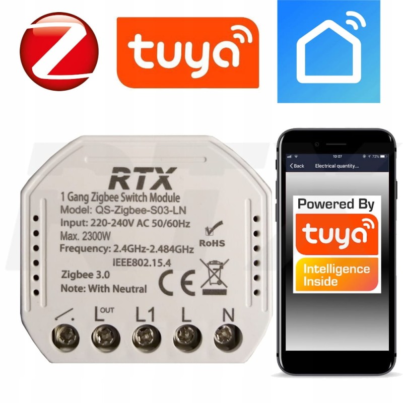Inteligentny dopuszkowy jednokanałowy sterownik beznapięciowy RTX Zigbee 3.0