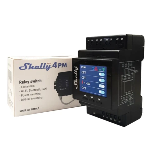 Shelly Pro 4PM - 4-kanałowy inteligentny przekaźnik WiFi/LAN/BL z wyświetlaczem