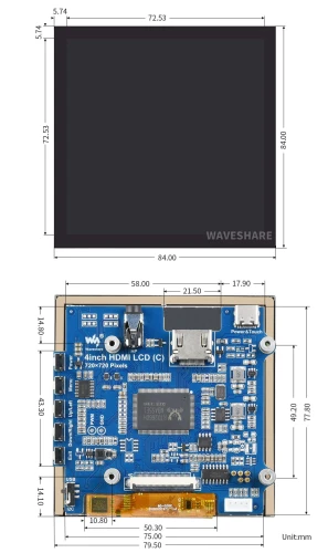 Wyświetlacz IPS LCD 720 × 720 HDMI z panelem dotykowym pojemnościowym