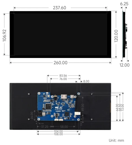 Pojemnościowy wyświetlacz 10.4" 1600 x 720 HP-CAPQLED dla Raspberry Pi, PC, Jatson