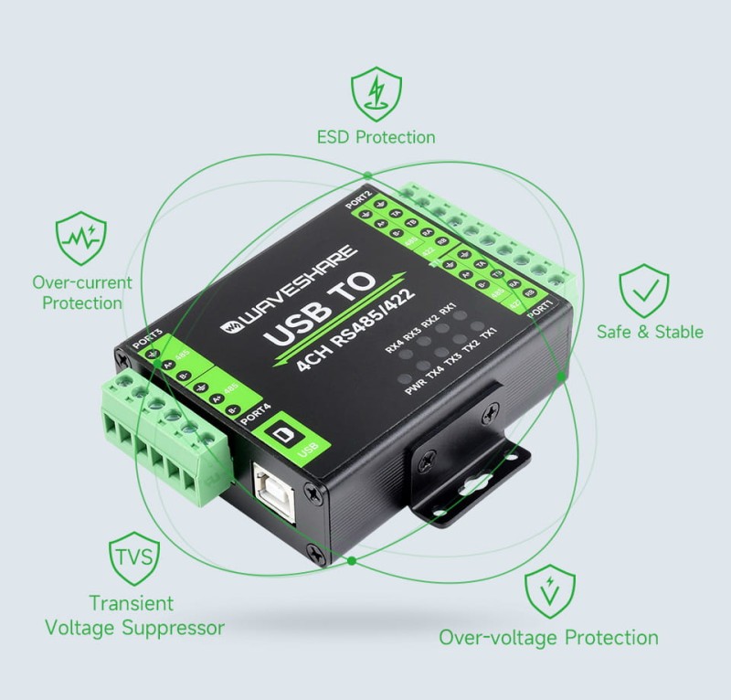 Przemysłowy Konwerter USB do 4-Kanałowego RS485/422, FT4232HL