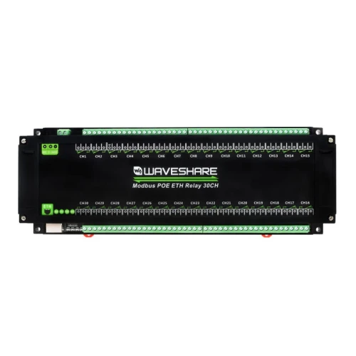 30-kanałowy moduł przekaźników Ethernet z protokołem Modbus RTU/TCP, zasilanie PoE, montaż na szynie DIN