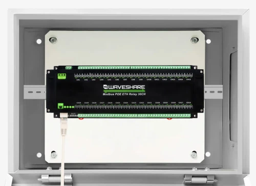 30-kanałowy moduł przekaźników Ethernet z protokołem Modbus RTU/TCP, zasilanie PoE, montaż na szynie DIN
