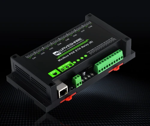 8-kanałowy moduł przekaźników Ethernet z wejściem cyfrowym, obsługujący Modbus RTU/TCP, zasilanie PoE, montaż na szynie DIN