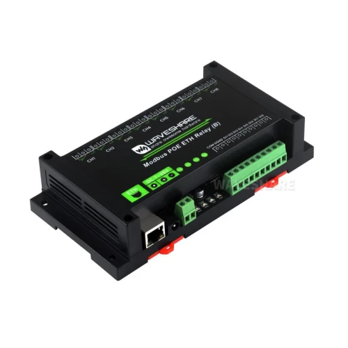 8-kanałowy moduł przekaźników Ethernet z wejściem cyfrowym, obsługujący Modbus RTU/TCP, zasilanie PoE, montaż na szynie DIN