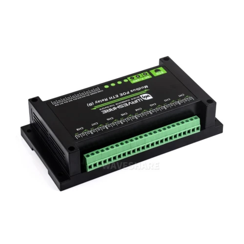8-kanałowy moduł przekaźników Ethernet z wejściem cyfrowym, obsługujący Modbus RTU/TCP, zasilanie PoE, montaż na szynie DIN