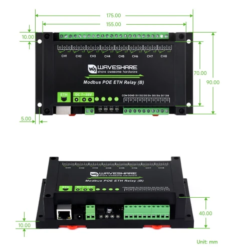 8-kanałowy moduł przekaźników Ethernet z wejściem cyfrowym, obsługujący Modbus RTU/TCP, zasilanie PoE, montaż na szynie DIN