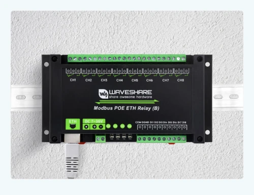 8-kanałowy moduł przekaźników Ethernet z wejściem cyfrowym, obsługujący Modbus RTU/TCP, zasilanie PoE, montaż na szynie DIN