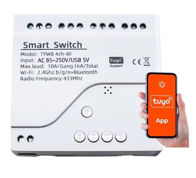 Beznapěťové relé 4-kanálové WiFi + RF433 Tuya Napájení 230V nebo 5V microUSB