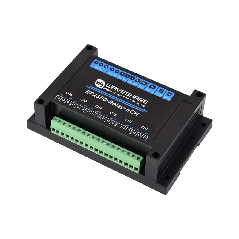 Industrial 6-Channel RP2350 Relay Module – RS485 Interface, HAT, DIN Rail Case