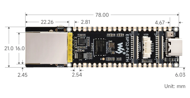Wymiary zewnętrzne modułu ESP32-P4-ETH