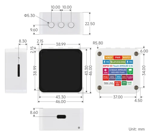 Abmessungen des Moduls ESP32-S3-Touch-AMOLED-2.16
