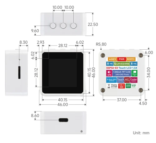 Abmessungen und Pinbelegung des Waveshare-Moduls mit LCD 1.54