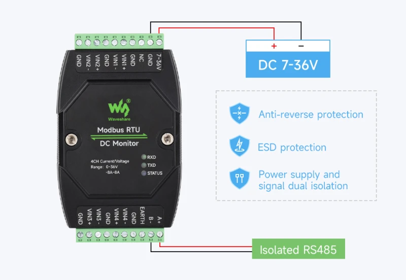Podłączenie i pomiar kanałów w module Modbus DC