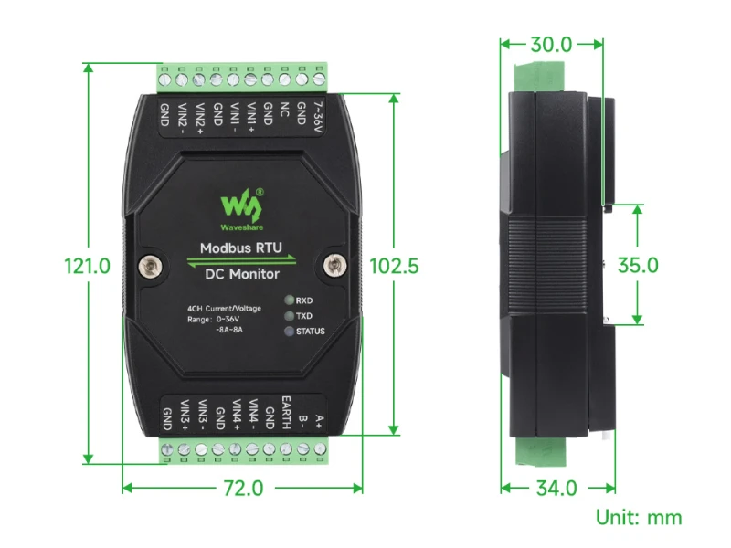 Wymiary urządzenia Modbus RTU DC Monitor Waveshare