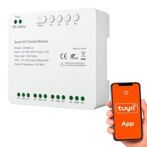 Przekaźnik Beznapięciowy 250V WiFi 4-kanałowy 10A Tuya Smart Life RF 433 MHz zasilanie 230V USB-C