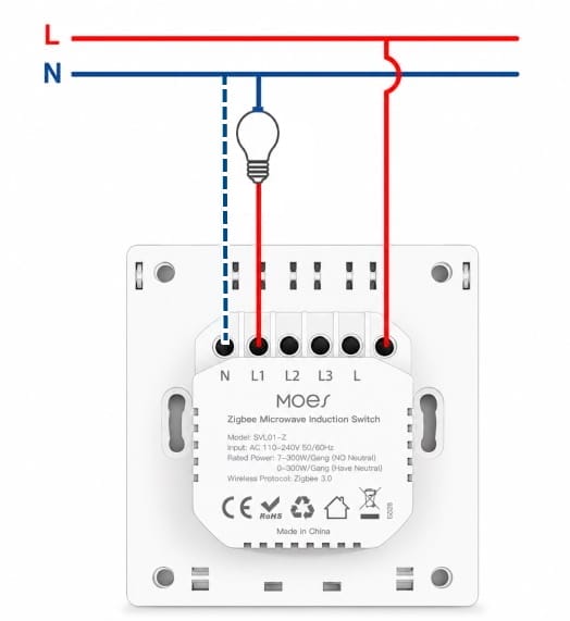 Schemat podłączenia czujnika ruchu mmWave Moes ZS-S-EU1-WH-MS SVL01-Z z linią N i bez linii N
