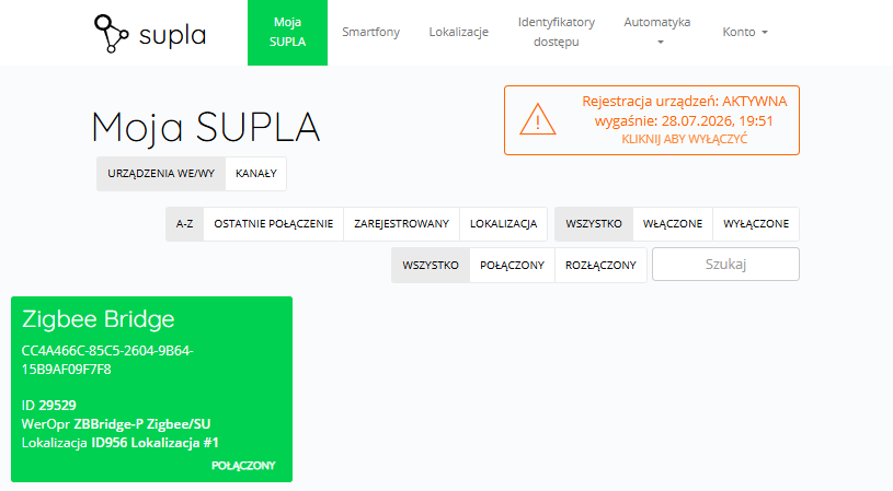 Panel WWW bramki Zigbee dla SUPLA