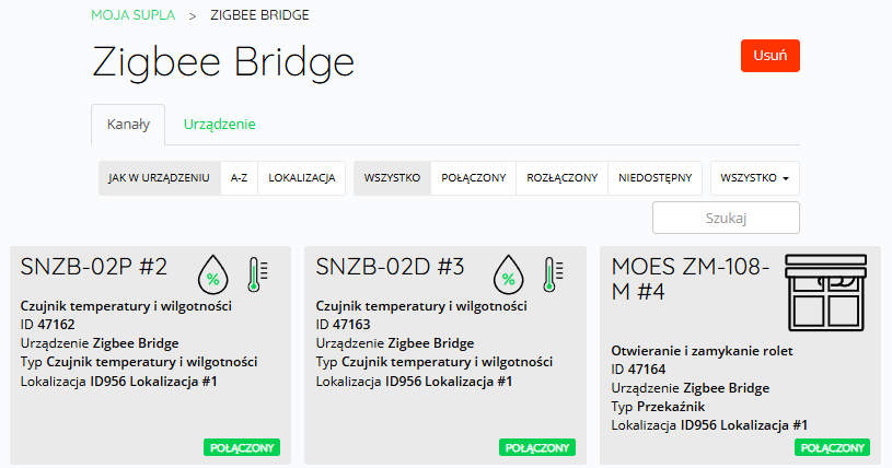 Panel WWW bramki Zigbee dla SUPLA