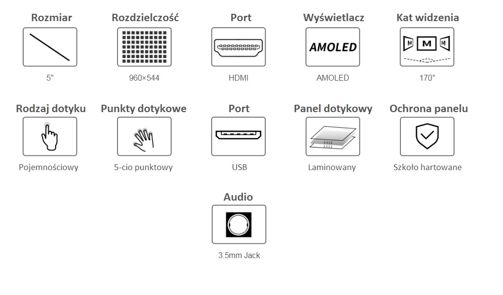 5palcový kapacitní dotykový displej AMOLED, 960 × 544, HDMI, plně laminovaný kryt z tvrzeného skla 