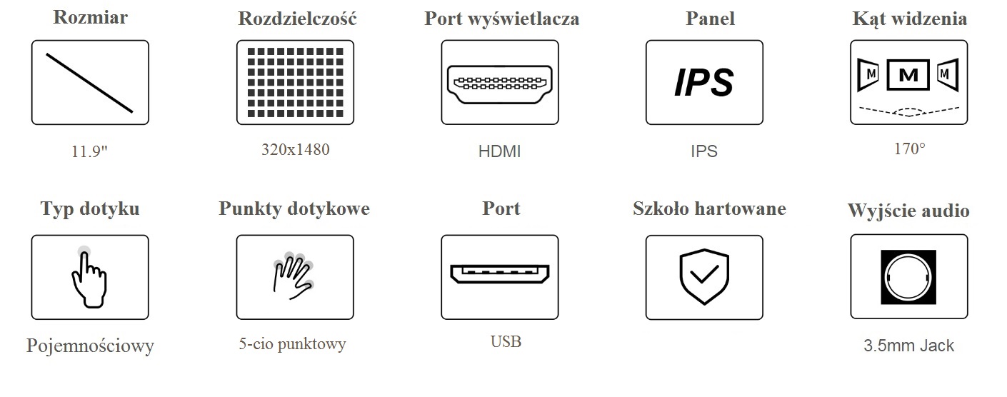 11,9palcový LCD displej, kapacitní dotykový, 320x1480, panel z tvrzeného skla