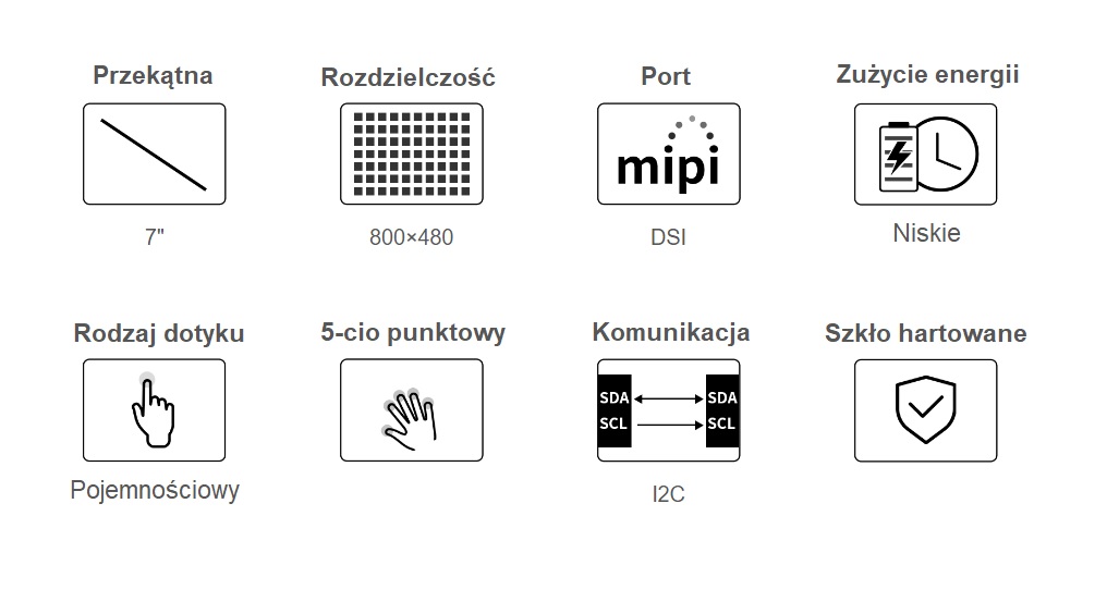 7-calowy pojemnościowy wyświetlacz dotykowy dla Raspberry Pi, interfejs DSI, 800×480
