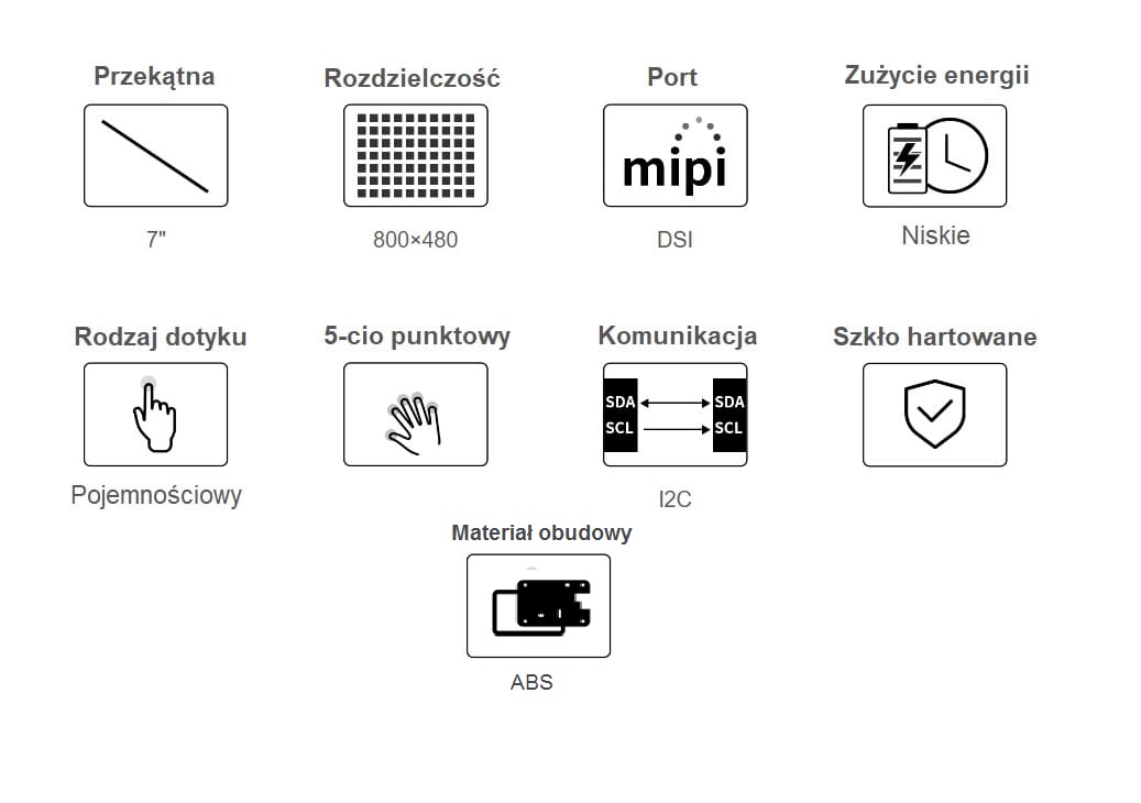 7-calowy pojemnościowy wyświetlacz dotykowy dla Raspberry Pi, interfejs DSI, 800×480