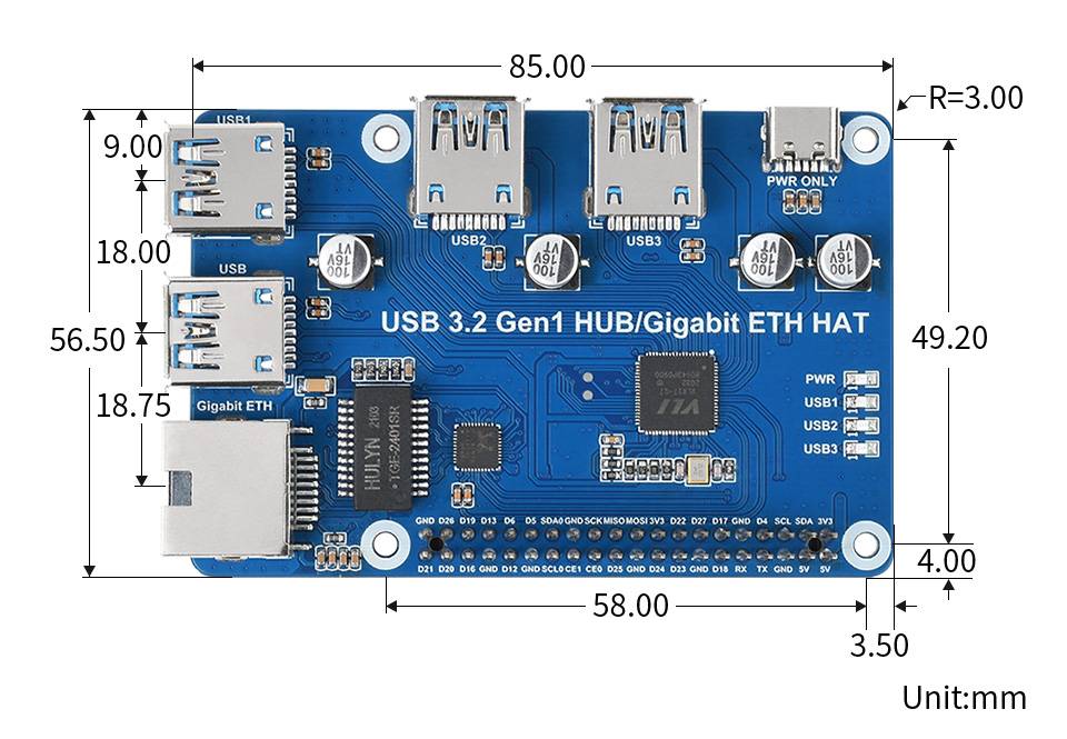 Moduł rozszerzeń HUB 3xUSB 3.2 Gen1 1xETH Gigabit HAT dla Raspberry Pi 