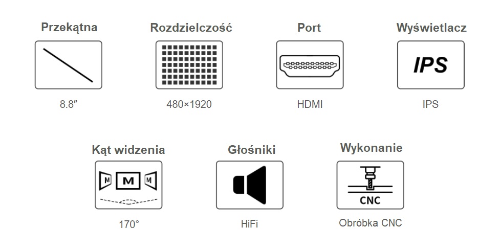 Monitor boczny IPS 8,8 cala o rozdzielczości 480×1920, HDMI z głośnikami HiFi