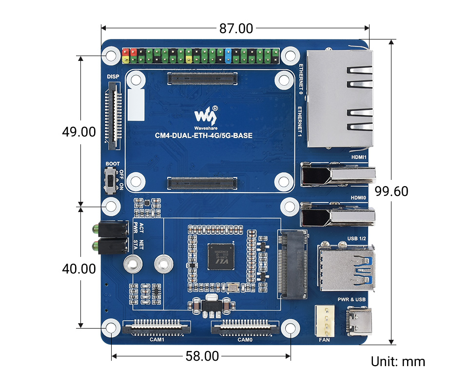 Základní deska Dual Gigabit Ethernet 5G/4G je základní deska určená pro moduly Raspberry Pi CM4