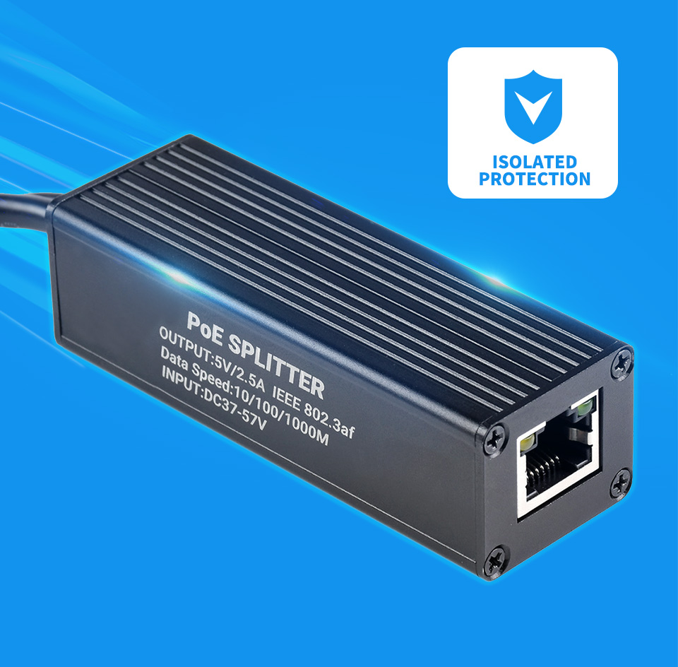 Przemysłowy gigabitowy rozdzielacz PoE, metalowa obudowa, wyjście 5V 2,5A typu C