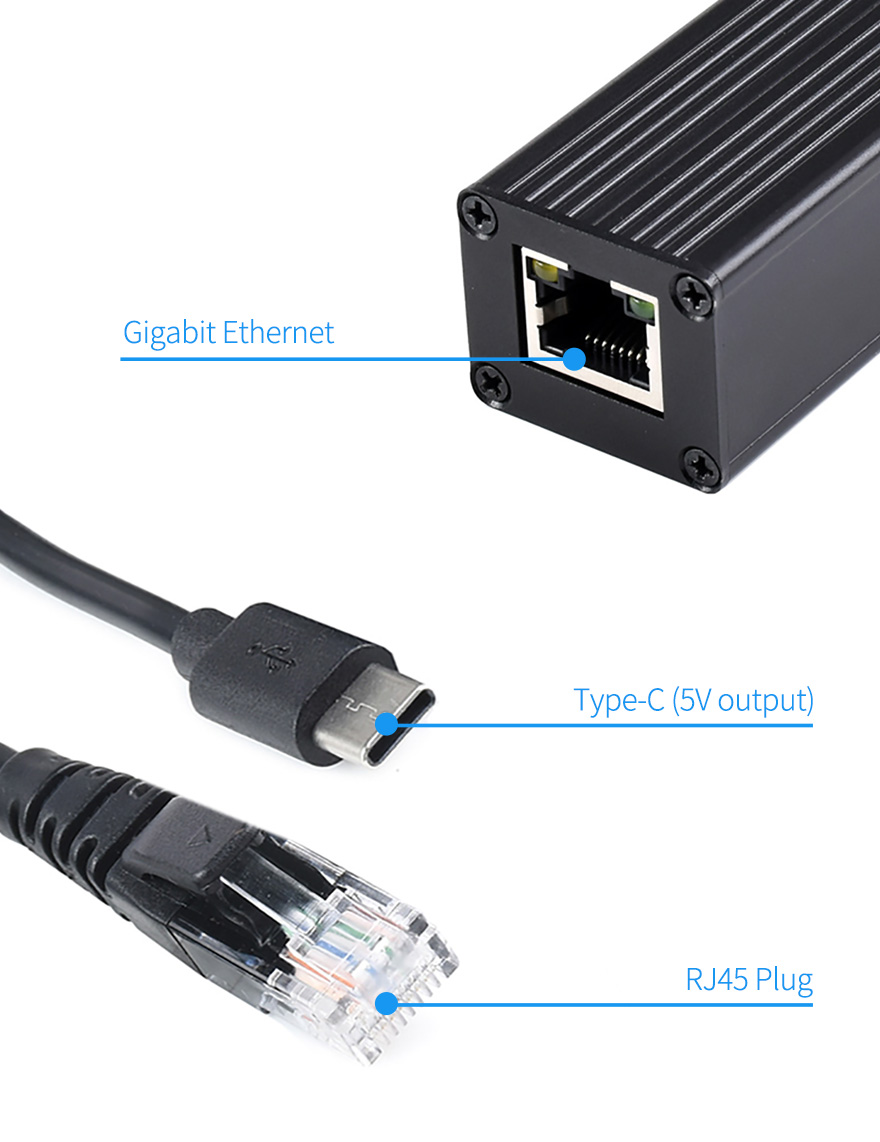 Przemysłowy gigabitowy rozdzielacz PoE, metalowa obudowa, wyjście 5V 2,5A typu C