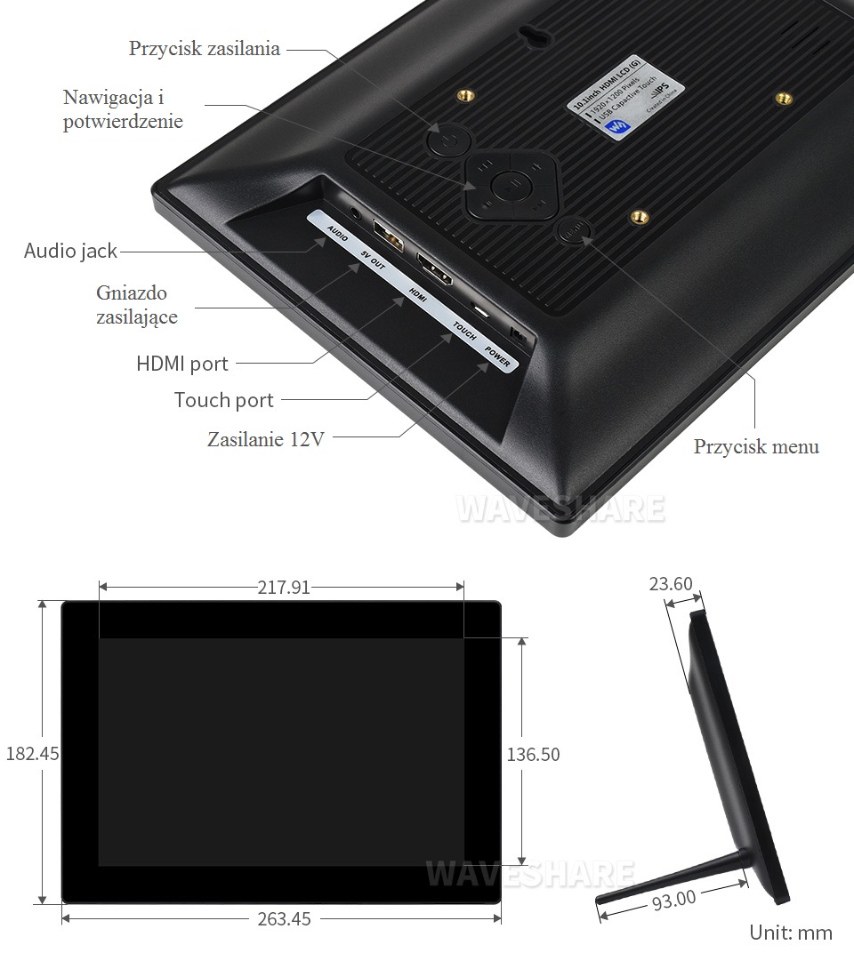 10,1palcový LCD displej, kapacitní dotykový, 1920x1200, panel z tvrzeného skla, v ochranném pouzdře