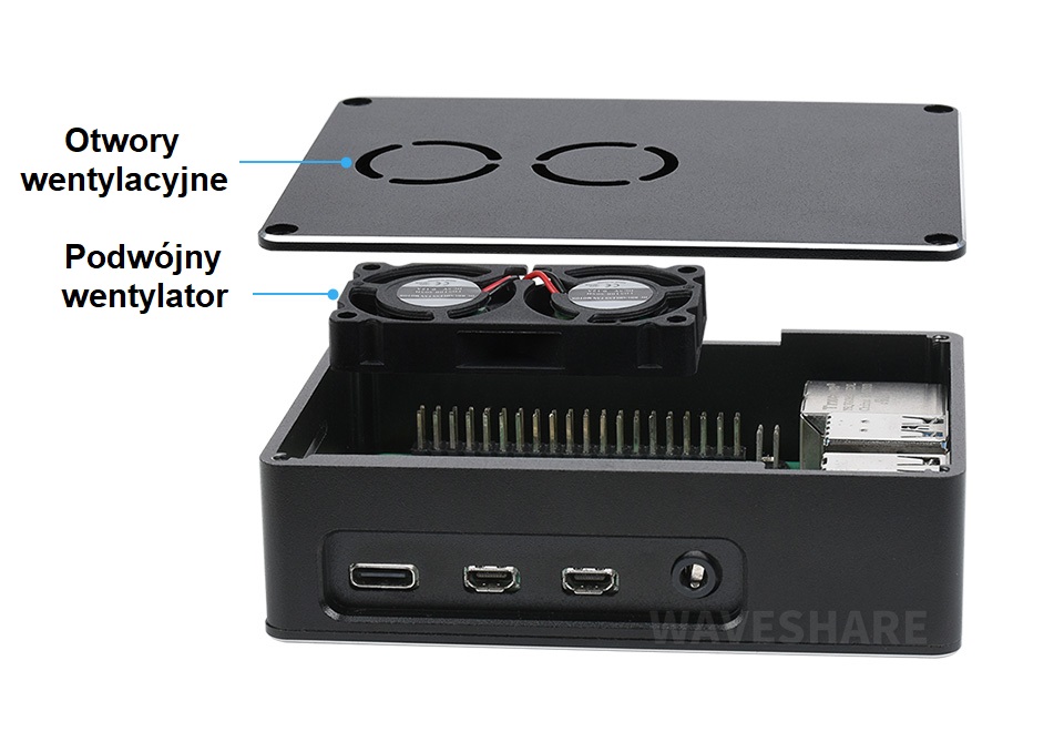 Aluminiowa obudowa z podwójnym wentylatorem do Raspberry Pi 4