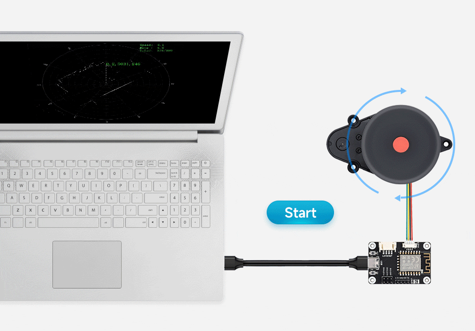 Laserový triangulační radar LiDAR LD14 s dosahem 360° 8 m, softwarové ovládání start-stop