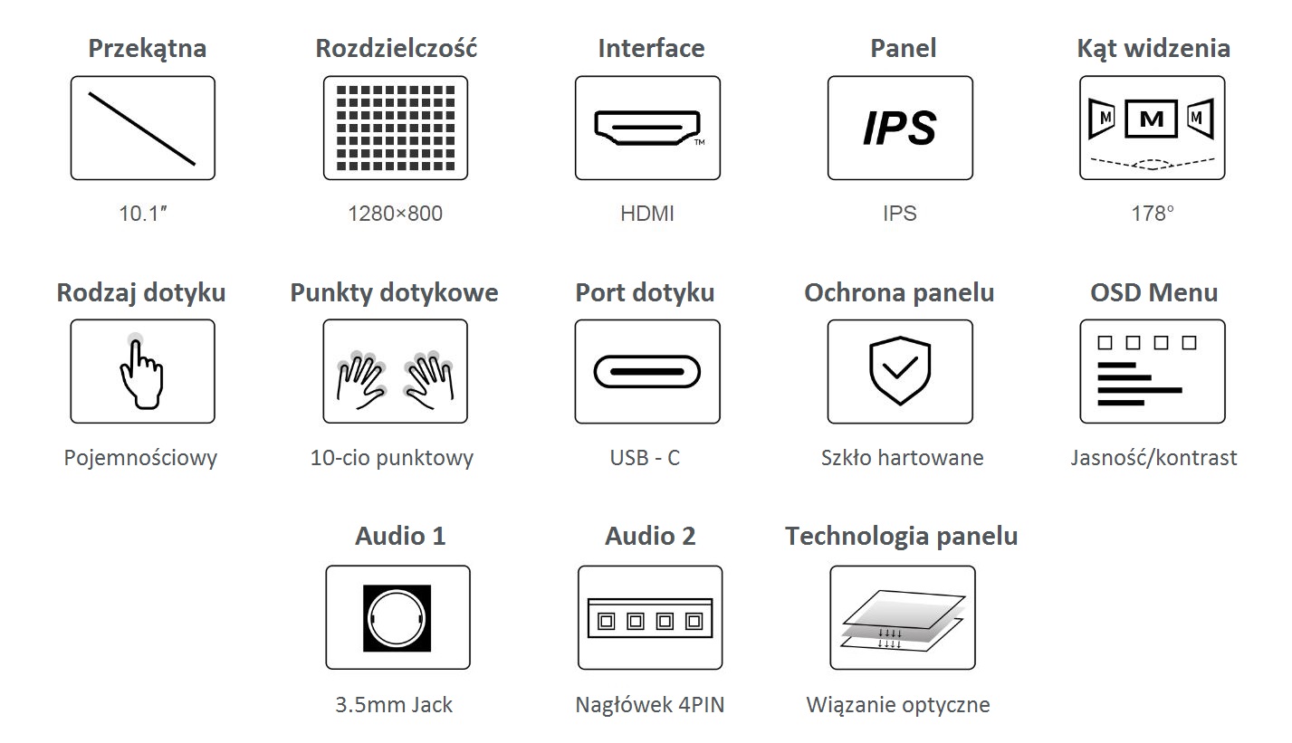 Pojemnościowy 10,1-calowy wyświetlacz 1280 x 800 z interfejsem HDMI i ekranem IPS dla Raspberry Pi, PC, JetSon