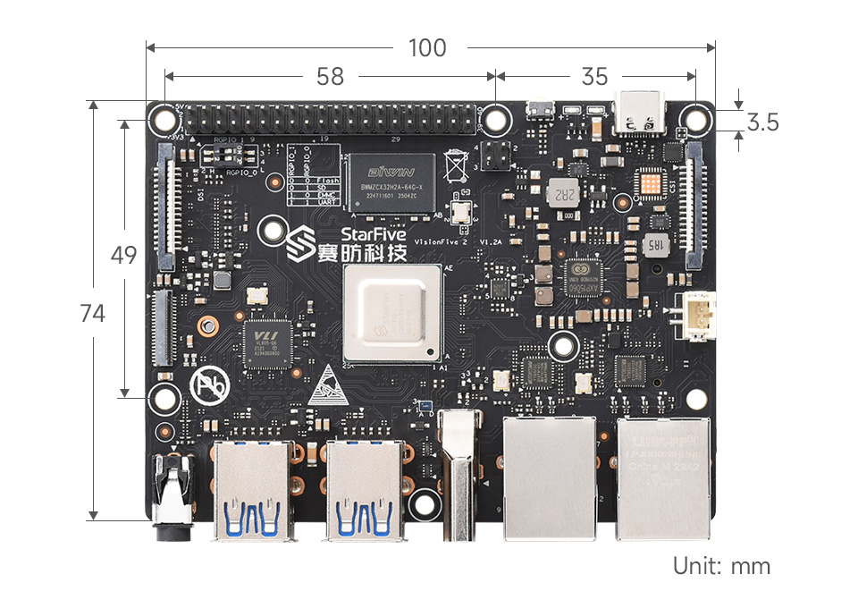 Einplatinencomputer VisionFive2 RISC-V, StarFive JH7110-Prozessor mit integrierter 3D-Grafikeinheit, basierend auf Linux