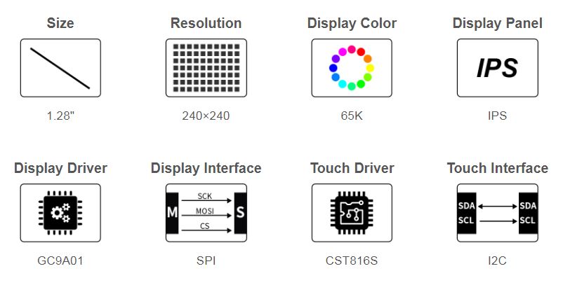 1.28 inch 240 x 240 IPS Round Capacitive LCD Display with Tempered Glass Panel for Raspberry Pi, Arduino, STM32