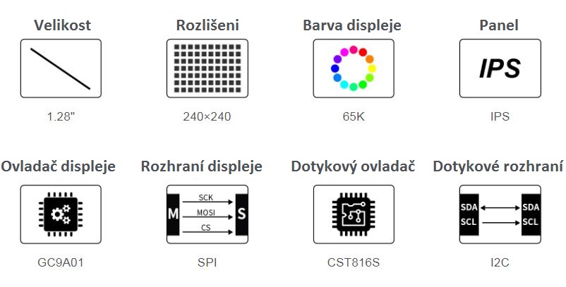 1,28 palce 240 x 240 IPS Kulatý kapacitní LCD displej s tvrzeným skleněným panelem pro Raspberry Pi, Arduino, STM32
