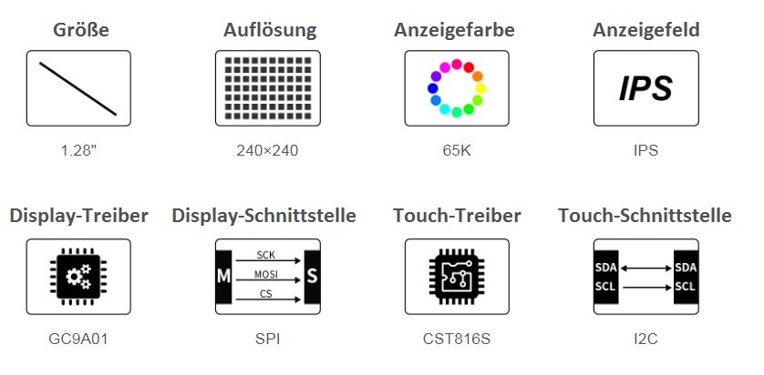 1,28 Zoll 240 x 240 IPS Rundes Kapazitives LCD-Anzeige mit Gehärtetem Glaspaneel für Raspberry Pi, Arduino, STM32