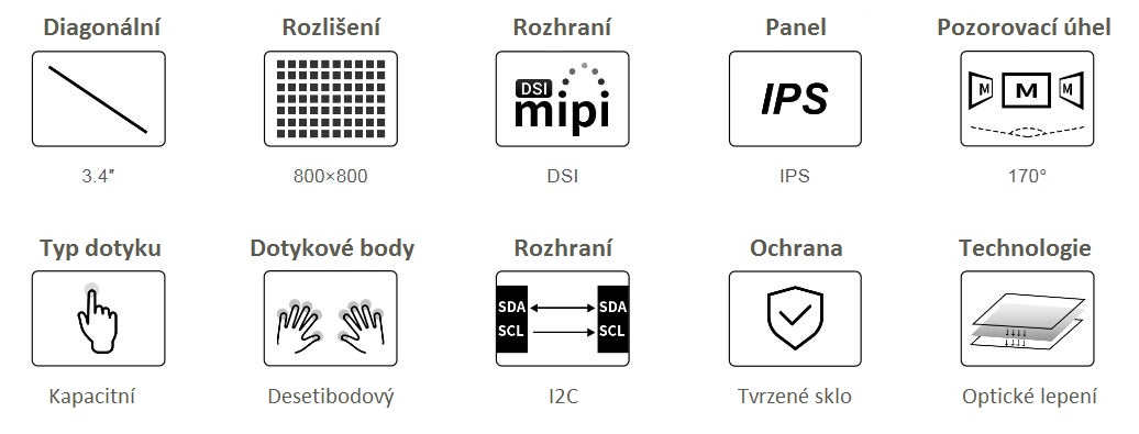 Kapacitní kulatý IPS LCD displej 3,4 800x800 s tvrzeným skleněným panelem pro Raspberry Pi