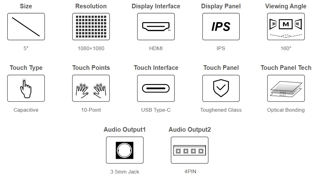 Capacitive round IPS LCD display 5 1080x1080 with tempered glass panel