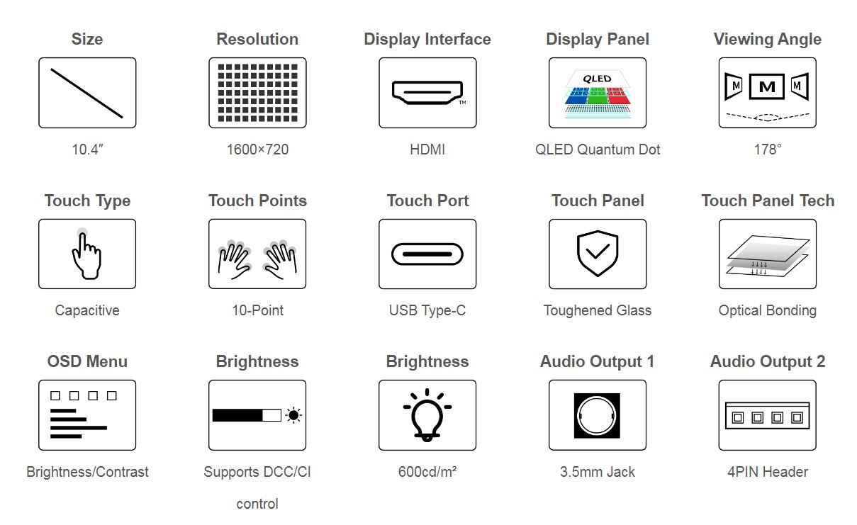 10,4-Zoll-1600-x-720-HP-CAPQLED-kapazitiver Bildschirm für Raspberry Pi, PC, Jatson