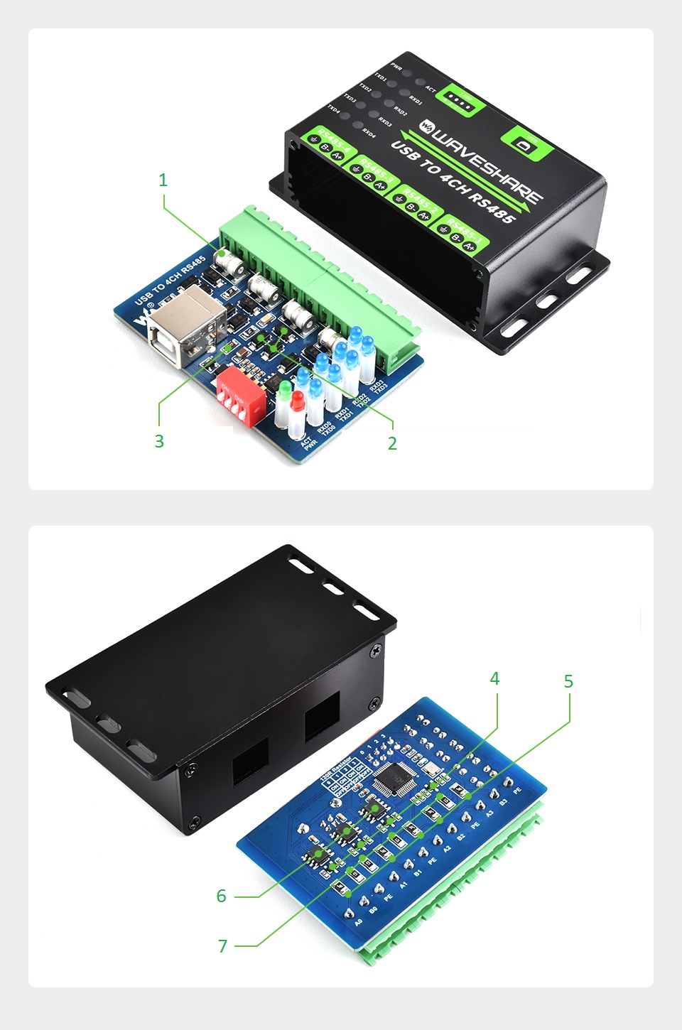 Przemysłowy czterokanałowy konwenter USB na RS485 w metalowej obudowie