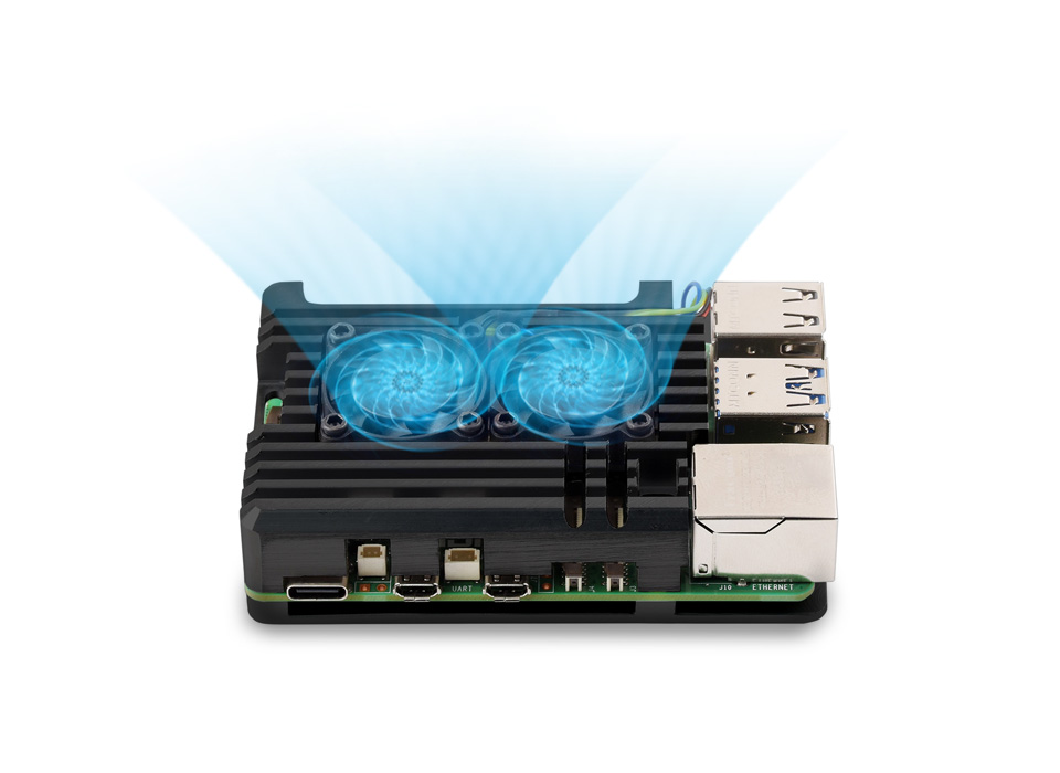Obudowa z aluminium dla Raspberry Pi 5 z dwoma wentylatorami chłodzącymi